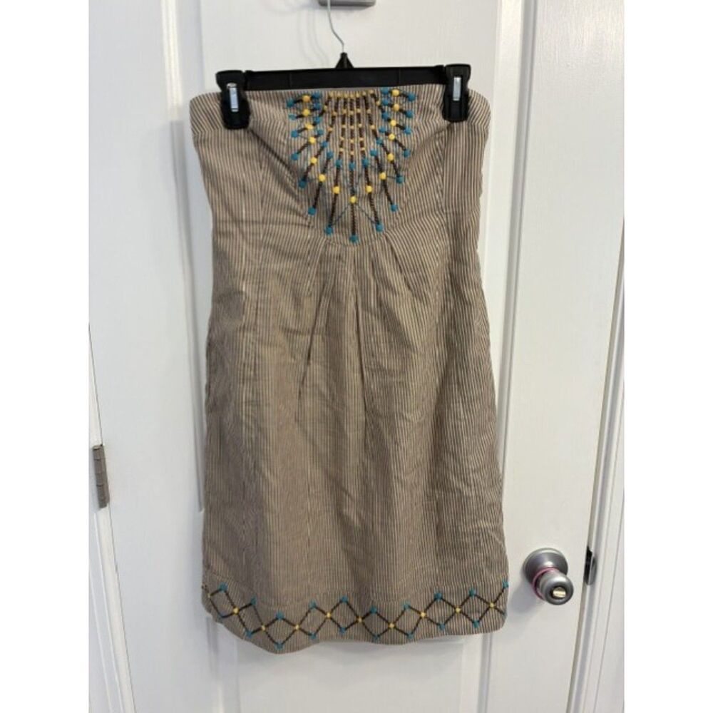 Maeve Anthropologie Brown Striped Strapless Embroidered Cotton Dress Size 2 Boho